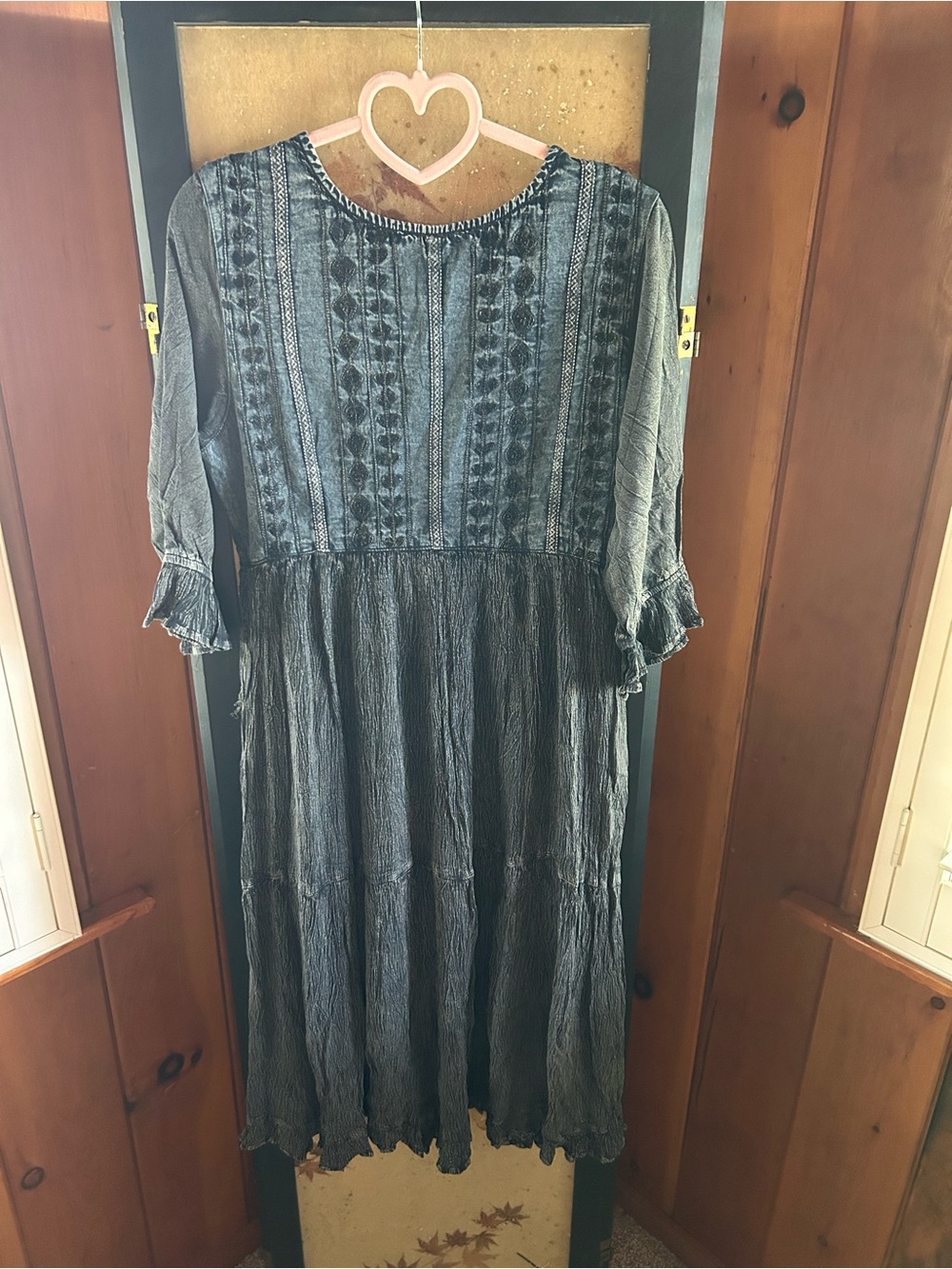 Women's Washed Black Embroidered Tiered Midi Dress